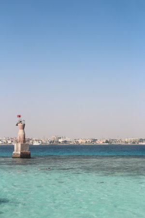 Navigational sign on the dangerous underwater at Red Sea, Hurghada, Egyptの写真素材