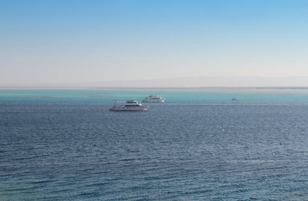 Red sea seascape with yachts on a sunny day in Hurghada, Egyptの写真素材