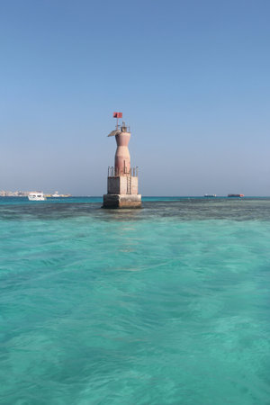 Navigational sign on the dangerous underwater at Red Sea, Hurghada, Egyptの写真素材