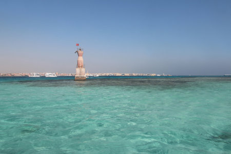 Navigational sign on the dangerous underwater at Red Sea, Hurghada, Egyptの写真素材