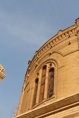 Wooden windows decorated with coloured glass at St. George Church in Cairo, Egyptの写真素材
