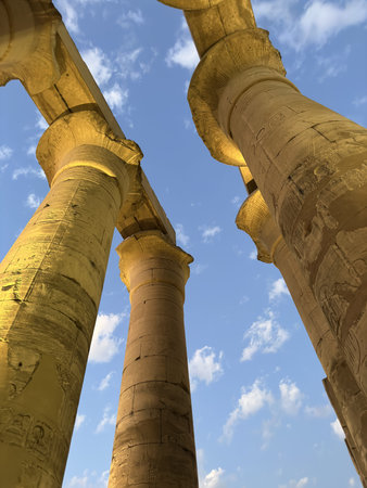 Open-flower papyrus columns at Luxor Temple during sunset, Egyptの写真素材