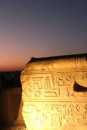 Egyptian figures and hieroglyphs on a wall at the Kom Ombo Temple, Egypt