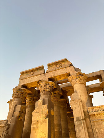 Open bud papyrus column carved with detailed reliefs at the entrance of Kom Ombo Temple, Egypt
