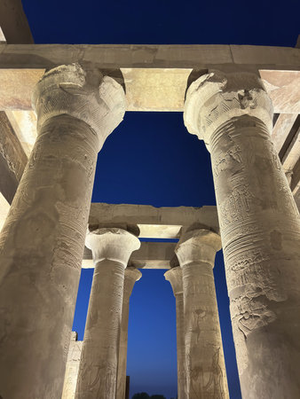 Open bud papyrus column carved with detailed reliefs at the Hypostyle Hall of Kom Ombo Temple, Egypt