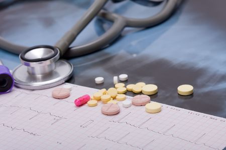Electrocardiogram and medcines and stethoscopeの写真素材