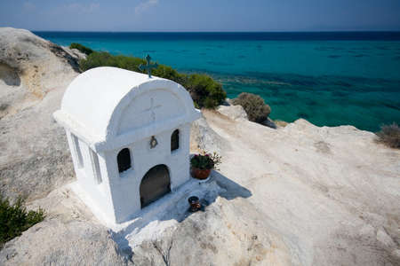 white greek chapel in mountain の写真素材