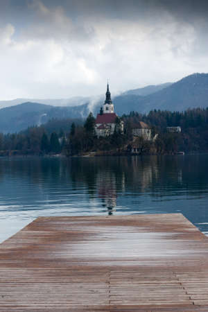 View of Bled lake with church on island, Sloveniaの写真素材