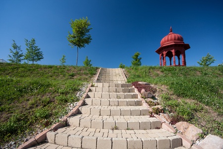 red Krishna tower with blue skyの写真素材