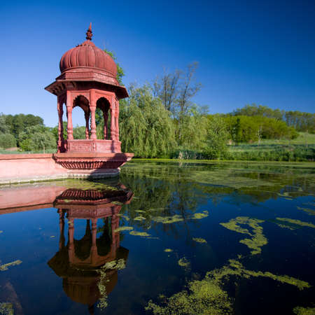 red Krishna tower with blue skyの写真素材