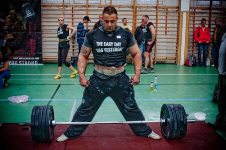 PECS - OCTOBER 16: Unknown man participates in Brutal Challenge power lifting championship October 16, 2010 in Pecs, Hungacry.のeditorial素材