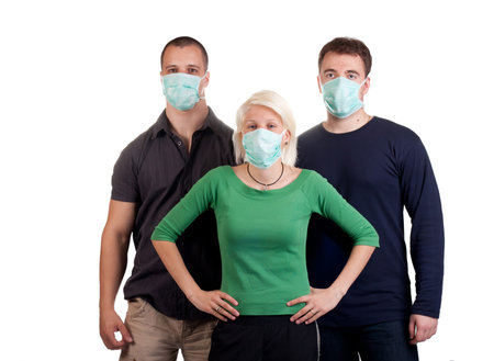 young people wearing flu masks over white