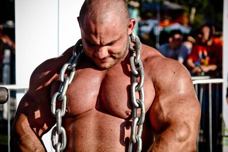 SIOFOK - AUG 4: Kokeny Bela participate in Scitec Muscle Beach bodybuilding seminar on August 4, 2012 in Siofok, Hungaryのeditorial素材