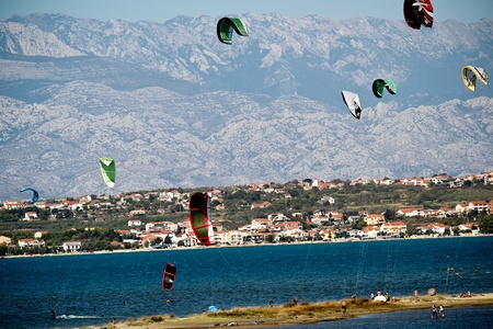 NIN, CROATIA - AUG 13: people practising kyte surfing on Aug 13, 2012 in Nin, Croatiaのeditorial素材