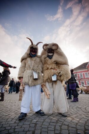 MOHACS, HUNGARY - MARCH 6: Unidentified people in mask participants at the Mohacsi Busojaras, it is a carnival for spring greetings) March 6, 2011 in Mohacs, Hungary.のeditorial素材