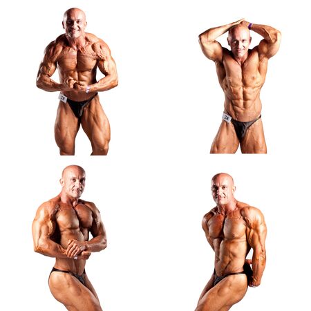 bodybuilder flexing his muscles in studioの写真素材