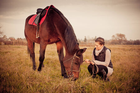 beautiful woman with brown horseの写真素材