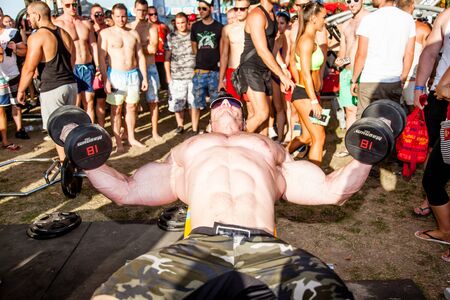 SIOFOK - AUGUST 1: Molnar Peter participate in Scitec Muscle Beach bodybuilding seminar on August 1, 2015 in Siofok, Hungaryのeditorial素材