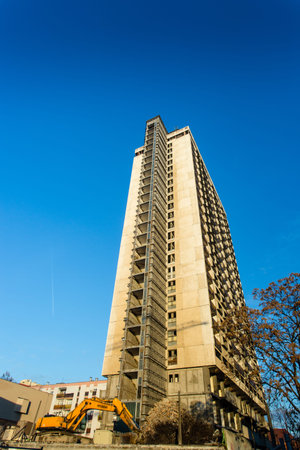 PECS - DECEMBER 10 : Demolishing the 25 floor building on 10 December 2015 in Pecs, Hungary. The 25...