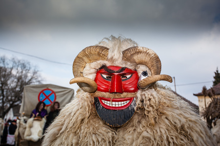 MOHACS, HUNGARY - FEBRUARY 17: Unidentified people in mask participants at the Mohacsi Busojaras, it is a carnival for spring greetings) February 17, 2015 in Mohacs, Hungary.のeditorial素材