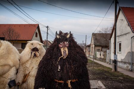 MOHACS, HUNGARY - FEBRUARY 17: Unidentified people in mask participants at the Mohacsi Busojaras, it is a carnival for spring greetings) February 17, 2015 in Mohacs, Hungary.のeditorial素材