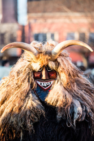 MOHACS, HUNGARY - FEBRUARY 4: Unidentified people in mask participants at the Mohacsi Busojaras, it is a carnival for spring greetings February 4, 2016 in Mohacs, Hungary.のeditorial素材