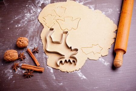 Christmas baking, cake form and spicesの写真素材