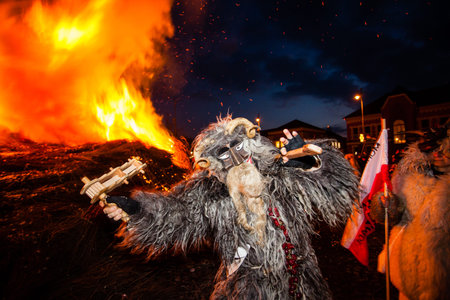 MOHACS, HUNGARY - FEBRUARY 17: Unidentified people in mask participants at the Mohacsi Busojaras, it is a carnival for spring greetings) February 17, 2015 in Mohacs, Hungary.のeditorial素材