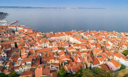 Piran on Slovenian adriatic coast in morning sunの写真素材