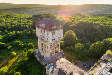 aerial view of abandoned mine tower in hungaryの写真素材