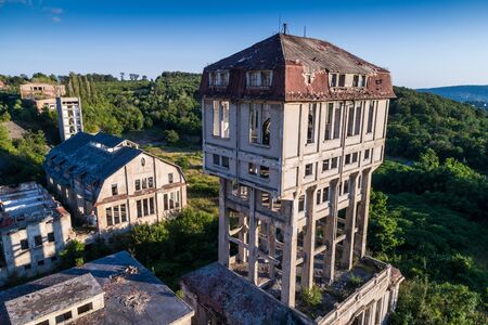 aerial view of abandoned mine tower in hungaryの写真素材