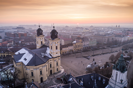 Aerial photo of Reformed Great Church in Debrecen city, Hungaryの写真素材