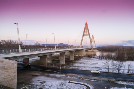 Aerial photo of the Megyeri-bridge over the Danube riverの写真素材