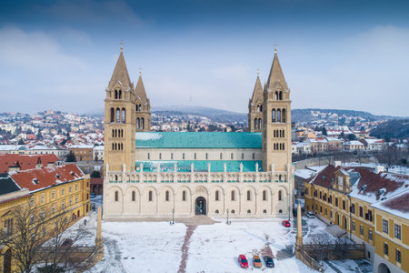 Pecs, Szekesegyhaz. Bird eye view at winter