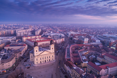 Aerial photo of Reformed Great Church in Debrecen city, Hungary