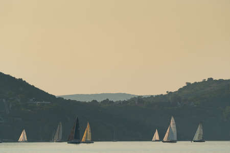 ZAMARDI - JULY 29: Sailing boats compete on the 52nd Blue Ribbon Championship at the Lake Balaton on 29 July 2020 in Zamardi, Hungary.のeditorial素材