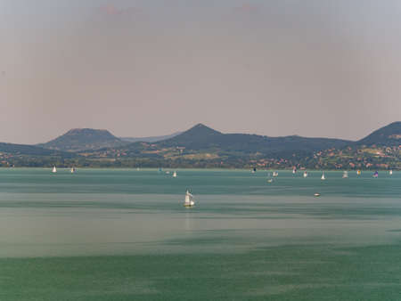 Aerial photo with sailing boats on Lake Balaton wit Badacsonyの写真素材