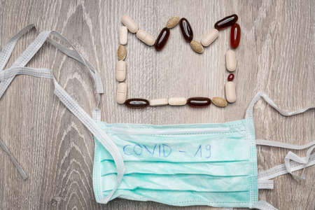 Medical mask and tablets for Corona protectionの写真素材