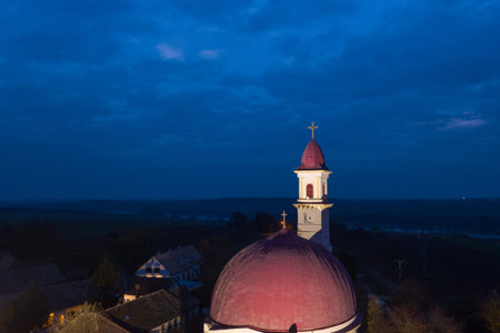 Drone photo of church in Palkonya at nightの写真素材