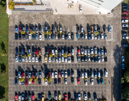 Aerial drone view above cars at parkingのeditorial素材