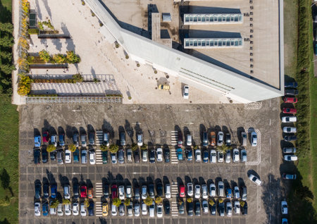 Aerial drone view above cars at parkingのeditorial素材