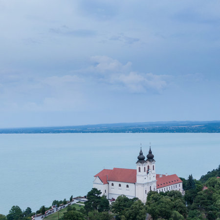 Aerial photo shows the historical Benedictine monastery of Tihany