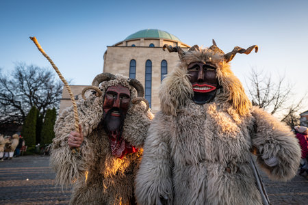 MOHACS, HUNGARY - FEBRUARY 14: Unidentified person wearing mask for spring greetings. In this year during the COVID pandemic the public Busojaras event was canceled. February 14, 2021 in Mohacs, Hungary.のeditorial素材