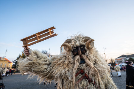 MOHACS, HUNGARY - FEBRUARY 14: Unidentified person wearing mask for spring greetings. In this year during the COVID pandemic the public Busojaras event was canceled. February 14, 2021 in Mohacs, Hungary.のeditorial素材