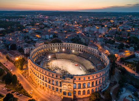 Aerial photo of Arena in Pula, Croatia at night