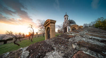 small chapel in Pecs, Hungary with sunsetの写真素材