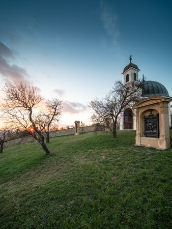 small chapel in Pecs, Hungary with sunset