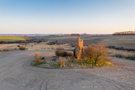 Aerial viwe of Somoly old ruin church in Regoly Hungary.