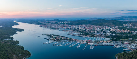 Aerial panorama of Sibenik, Croatia at sunsetの写真素材