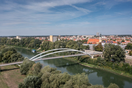 Aerial view of Tiszavirag bridge in Szolnokの写真素材